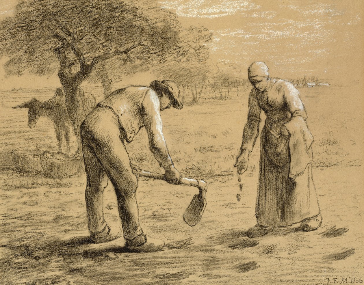 Rolníci sázející brambory (tužka a křída na papíře) od Jean Francois Millet