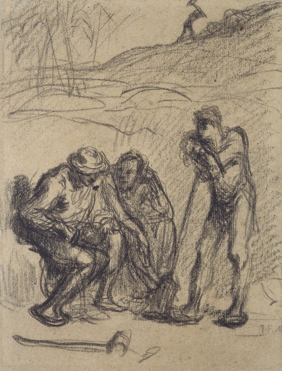 Tři sedláci odpočívají, jeden se opírá o rýč (černá pastelka na papíře) od Jean Francois Millet