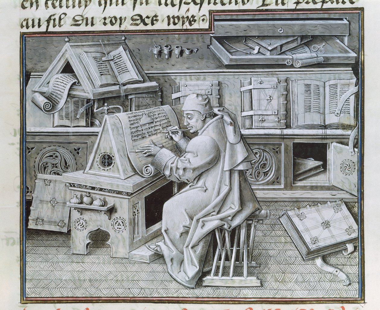 Ms 9198 f.19 Opisovač Jean Mielot (fl.1448-68) pracující ve svém skriptoriu, z 