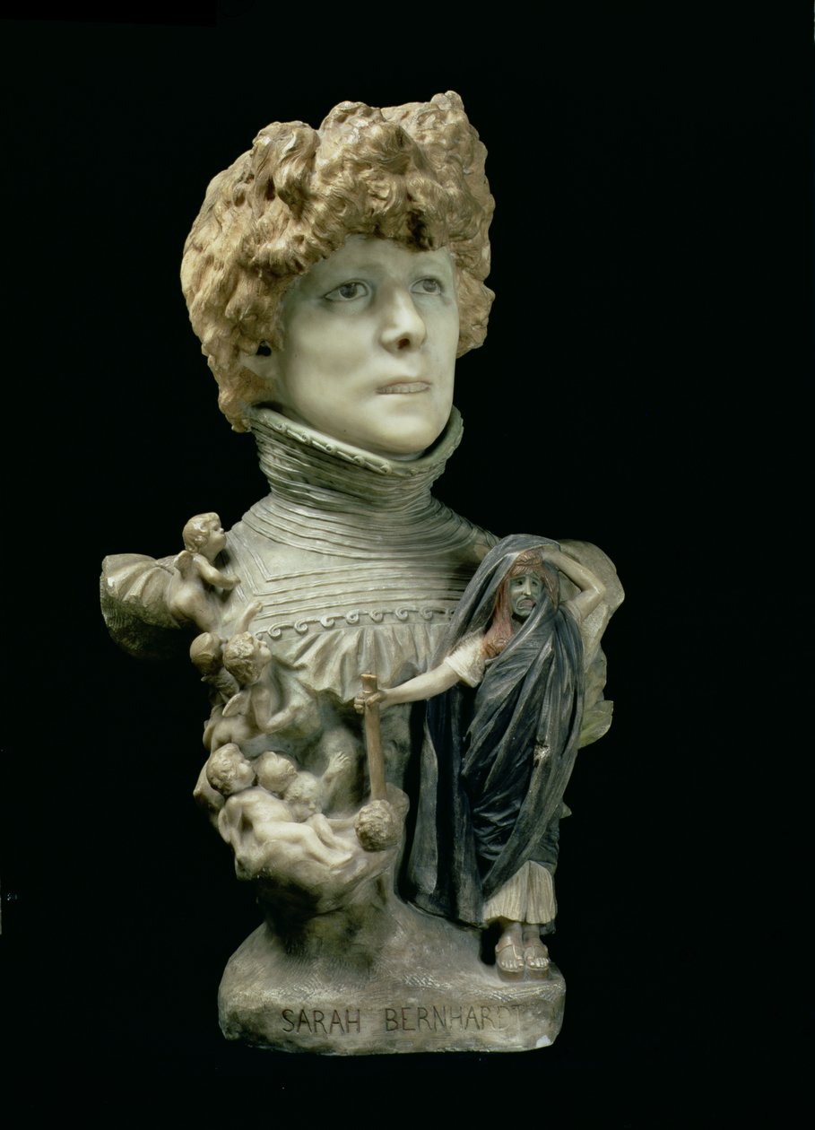 Portrét Busta Sarah Bernhardt (1844-1923) francouzská herečka, kolem roku 1890 (tónovaný mramor) od Jean Leon Gerome