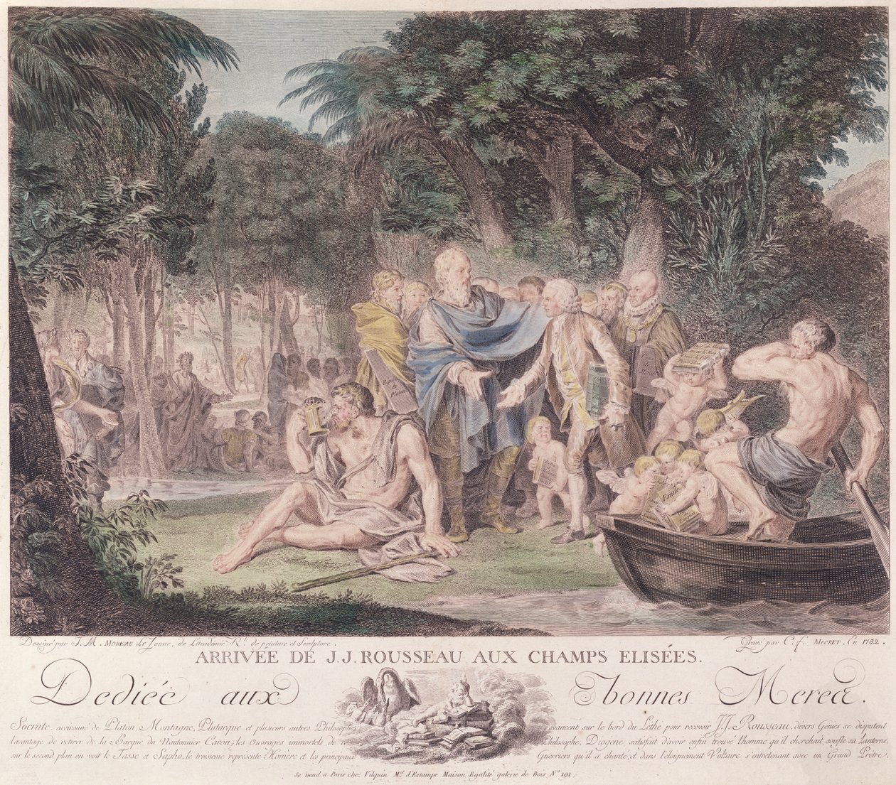 Příjezd Jeana-Jacquese Rousseaua (1712-78) na Elysejská pole, 1782 (barevná rytina) od Jean Michel the Younger Moreau