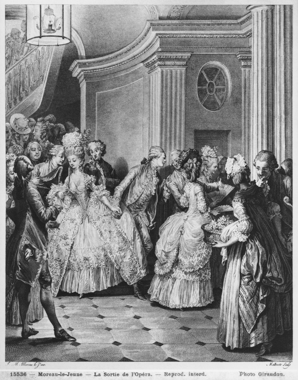 Coming out of the Opera, vyrytý Georges Malbeste nebo Malbete (1743-1809) od Jean Michel the Younger Moreau
