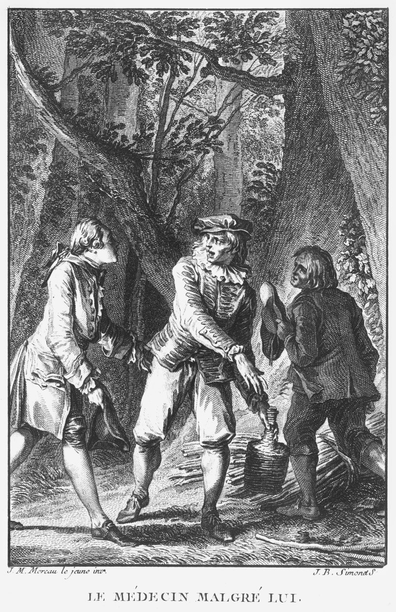 Ilustrace z „The Doctor In Spite of Himself“ (1666) od Jean-Baptiste Poquelina známého jako Moliere (1622-1673), vyrytý Jean Baptiste Simonet (1742-1813) od Jean Michel the Younger Moreau