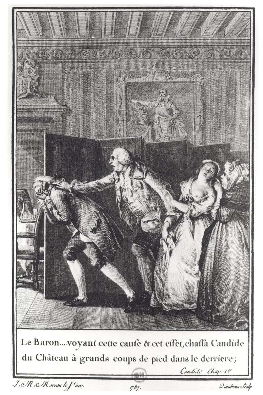 „Le Baron... vyhnal Candide ze zámku skvělými kopy do derriere“, ilustrace z kapitoly 1 „Candide“ od Francoise Voltaire (1694-1778) vyrytý Jeanem Dambrunem (1741-str. 1808) 1787 (e od Jean Michel the Younger Moreau