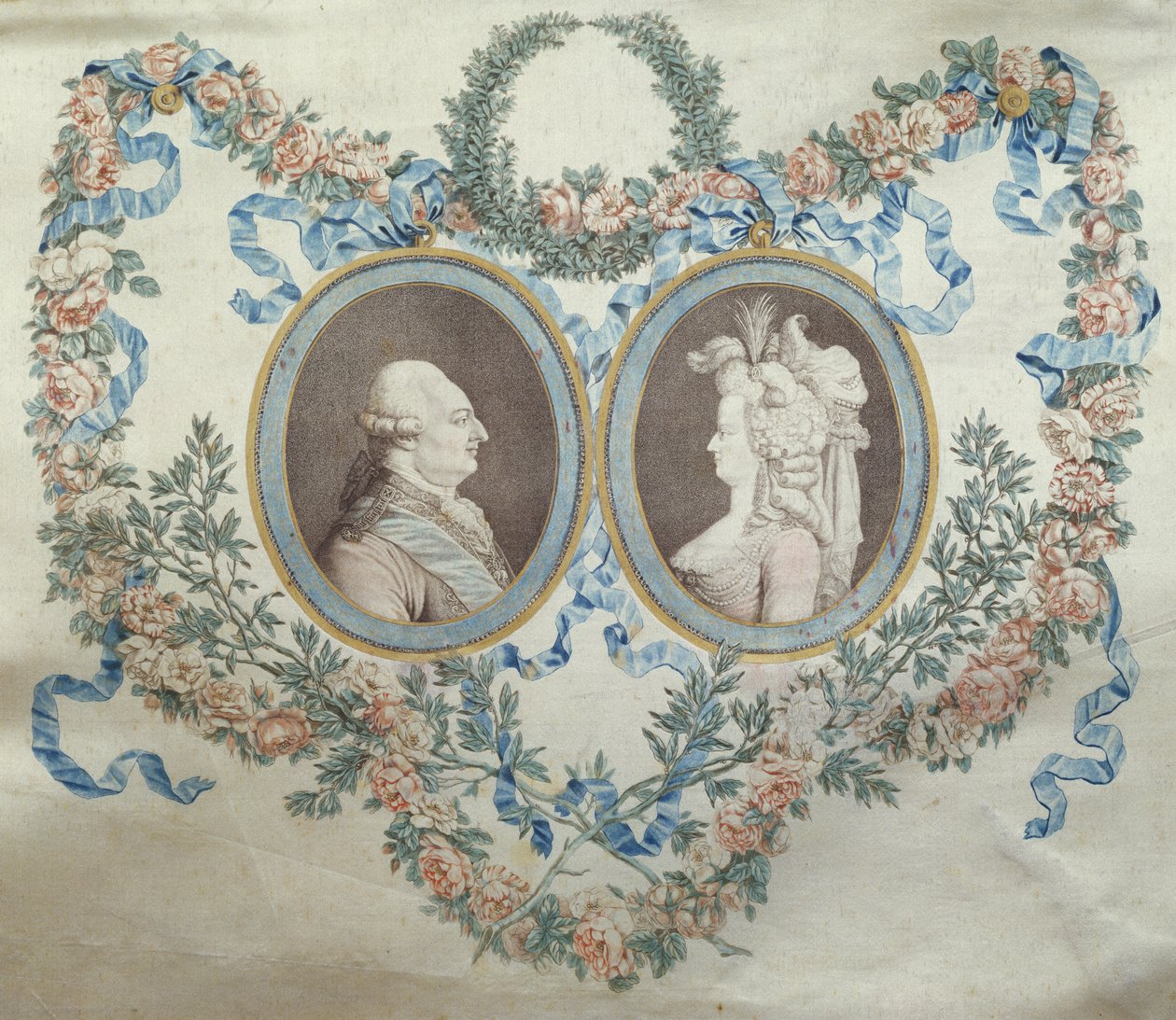Obálka bonboniery s vyobrazením Ludvíka XVI (1754-93) a Marie Antoinetty (1752-93), cca 1785 (tištěné hedvábí) od Jean Francois Janinet