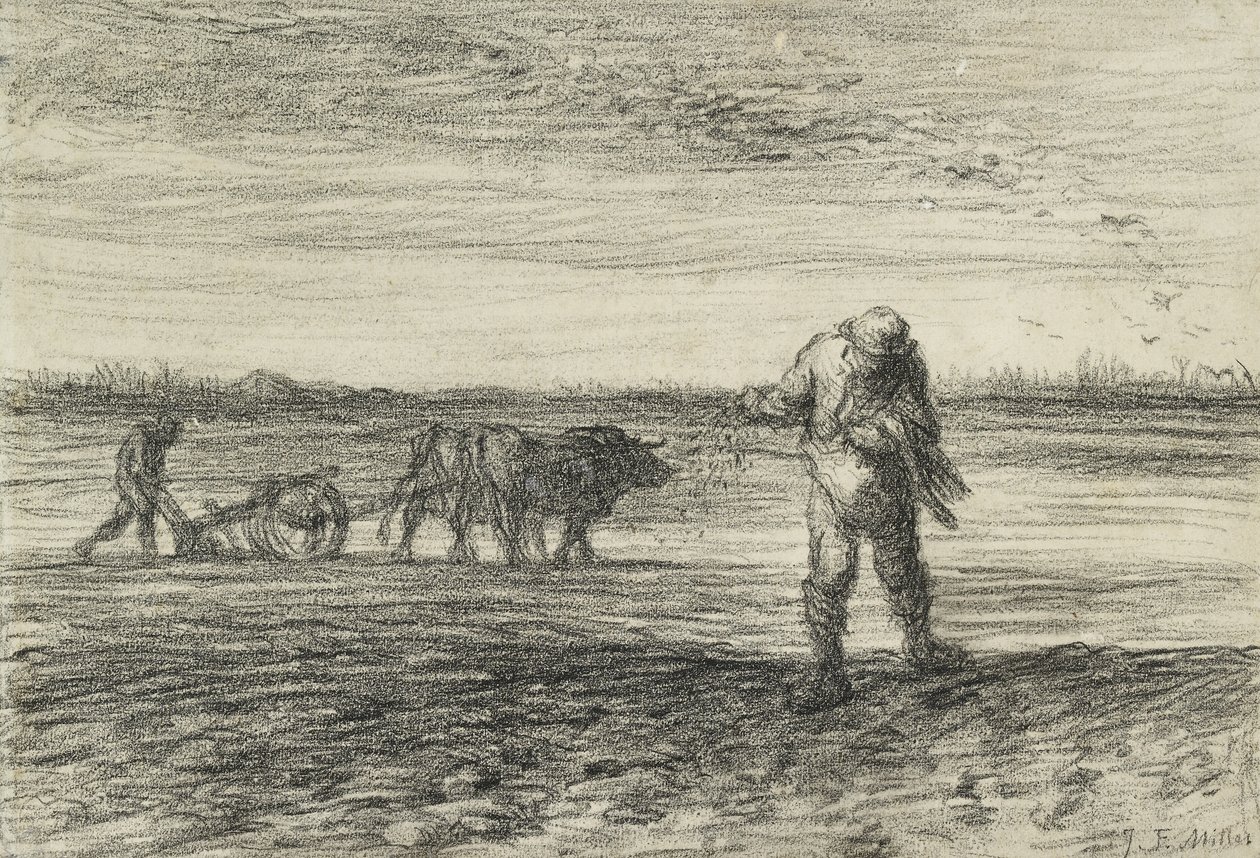 Muž orání a jiné setí, 1849 - 1852 (černá pastelka na tkaném papíře) od Jean Francois Millet