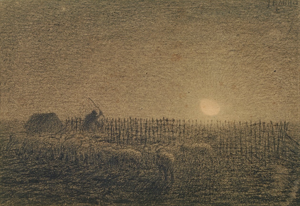 The Shepherd at the Fold by Moonlight (uhlí na papíře) od Jean Francois Millet