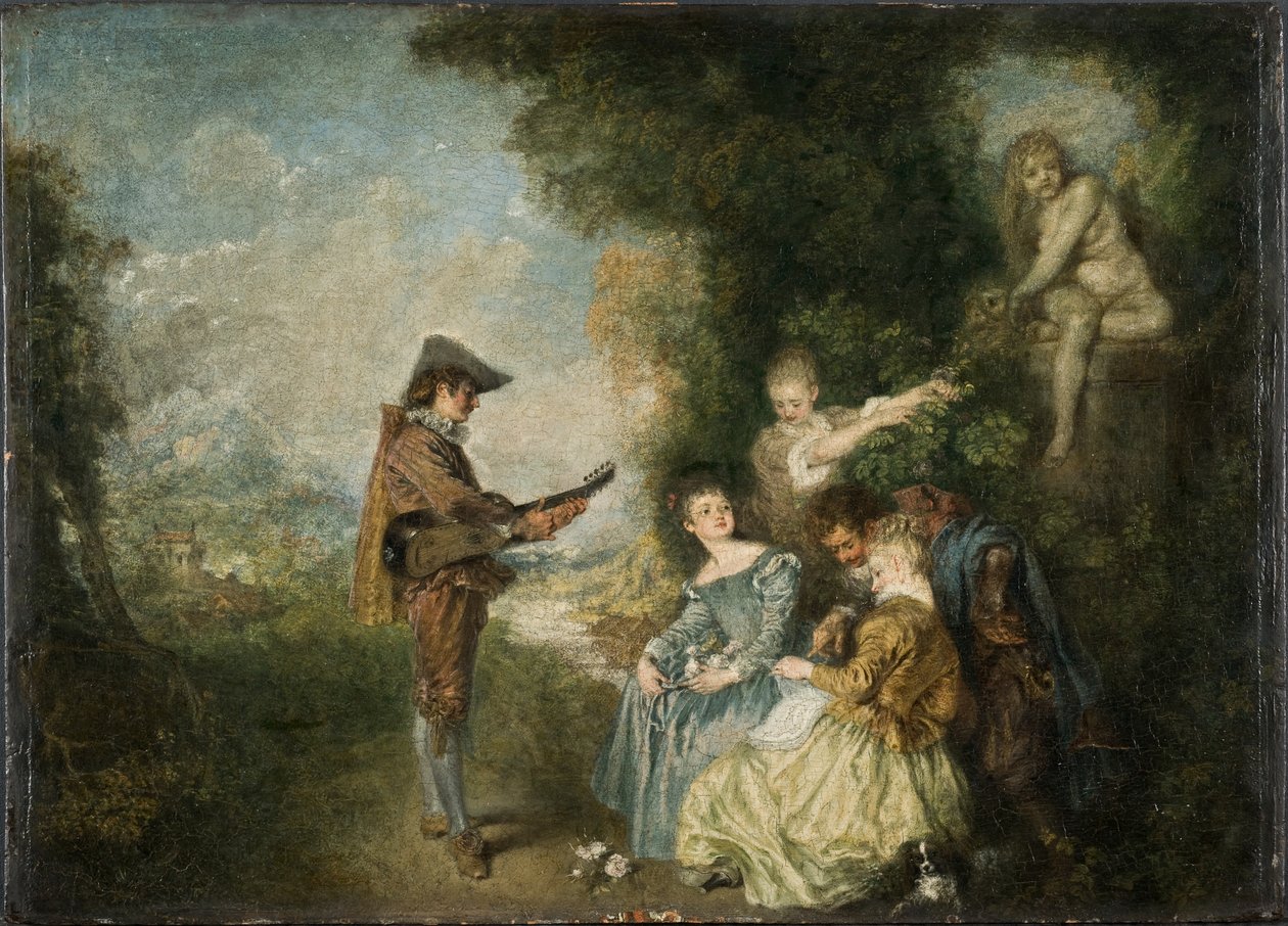 Lekce lásky (olej na panelu) od Jean Antoine Watteau