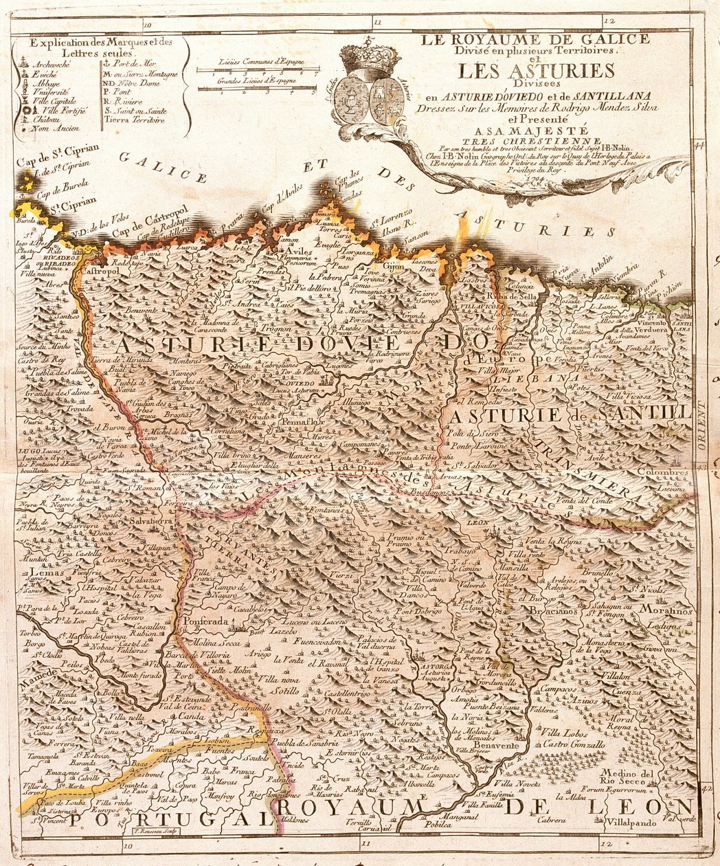 Mapa Asturie (Španělsko) (rytina od Jean Baptiste Nolin