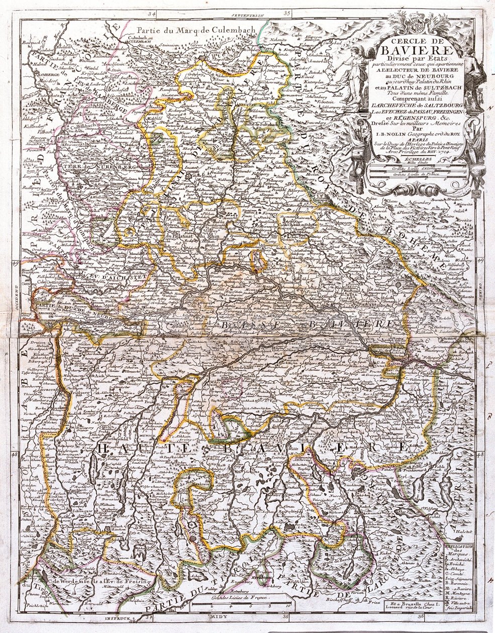 Mapa Bavorska (Německo) (rytina od Jean Baptiste Nolin