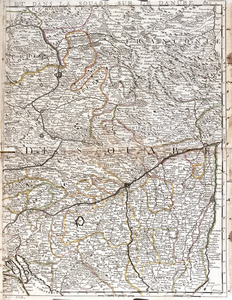 Mapa Švábska (Německo) (rytina od Jean Baptiste Nolin