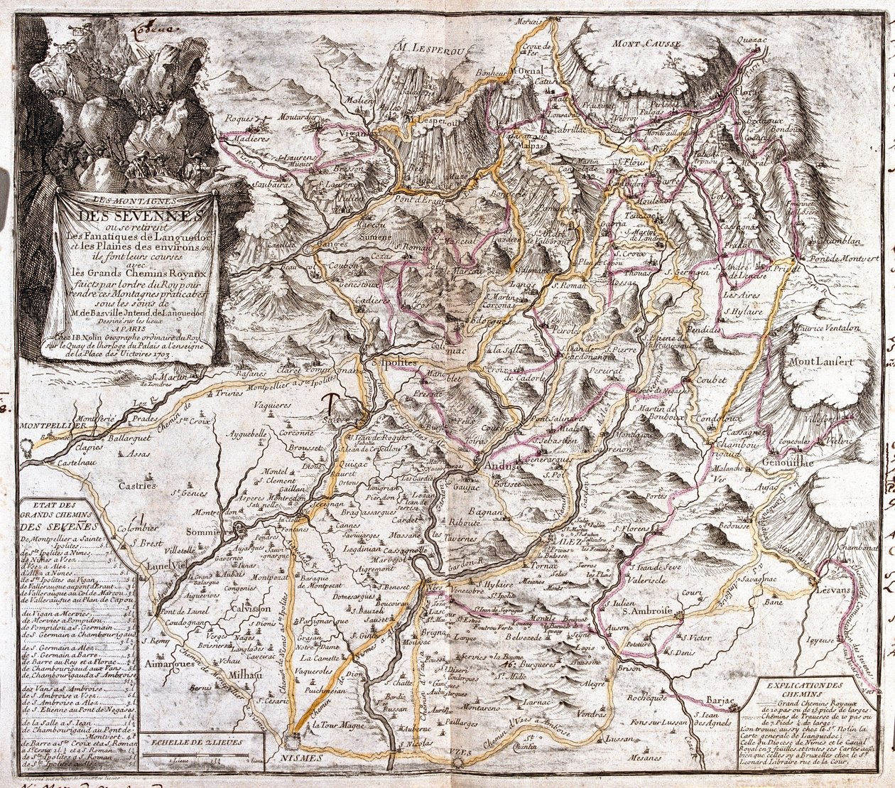 Mapa Cevennes (Francie) (rytina od Jean Baptiste Nolin