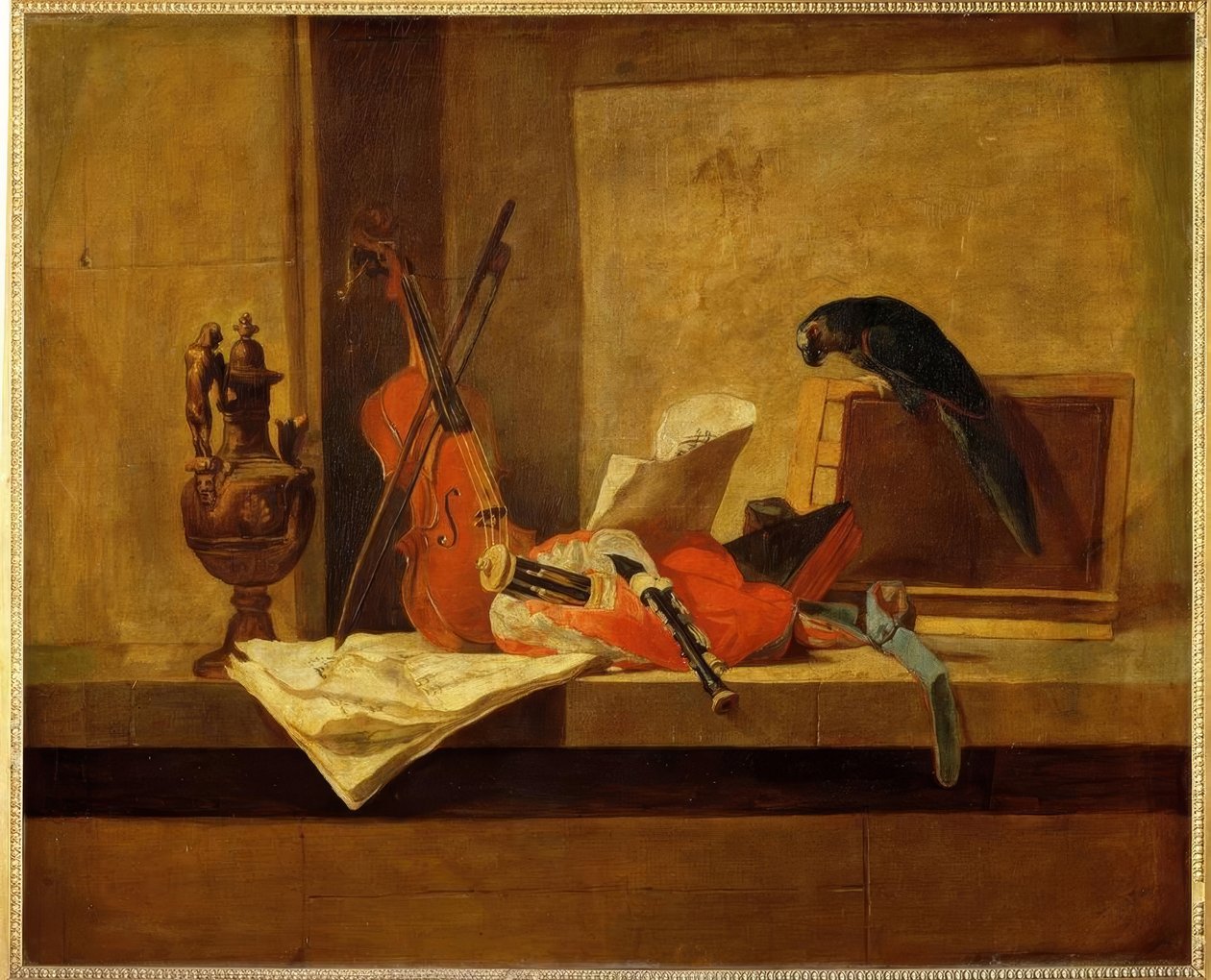 J.B.S. Chardin, Musikinstrumente u. Papag. od Jean Baptiste Simeon Chardin