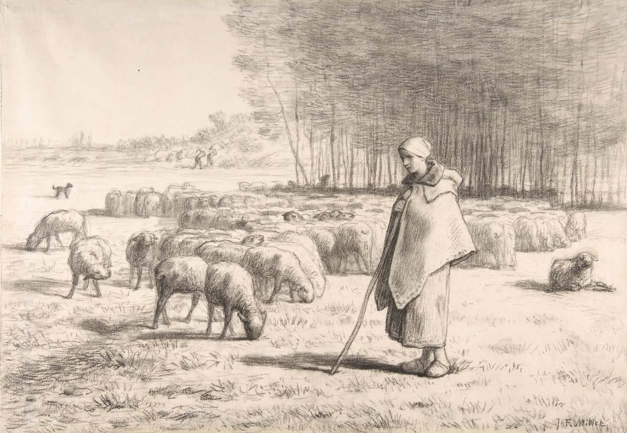 Pastýřka se svým stádem od Jean Francois Millet