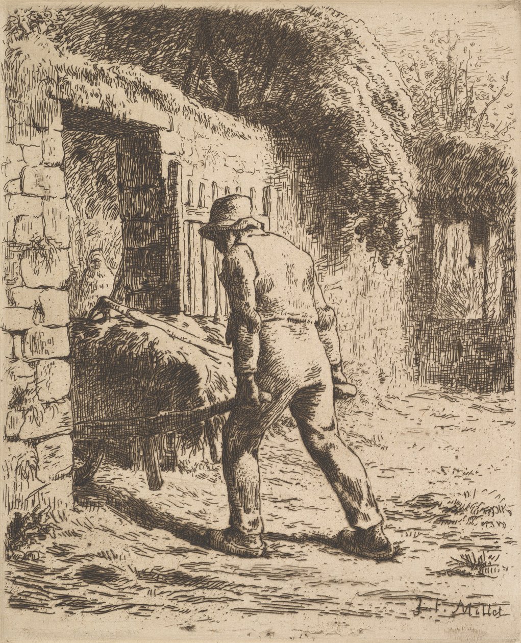 Rolník tlačí trakař, 1855 od Jean Francois Millet