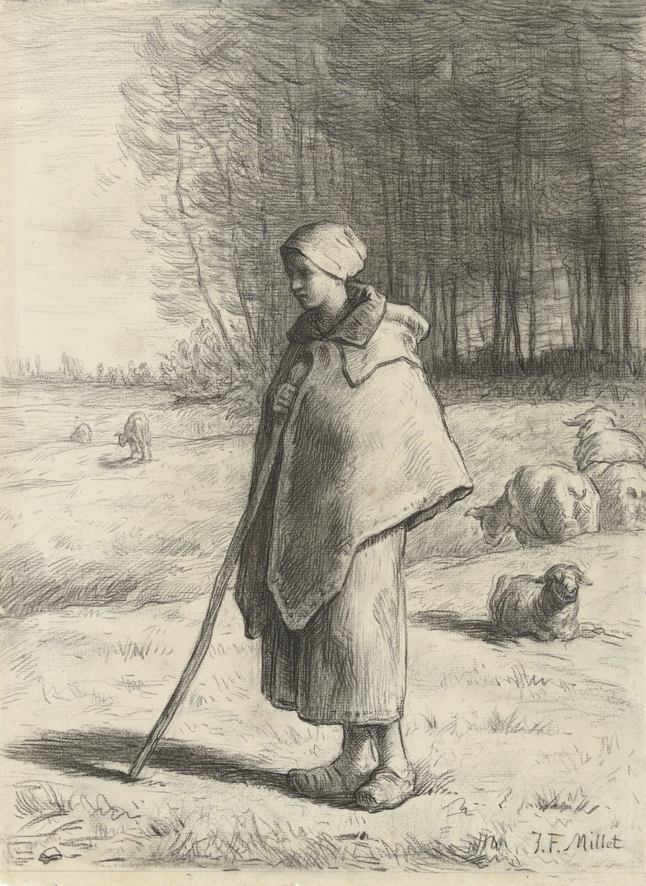 Pastýřka, 1860-69 (křída na papíře) od Jean Francois Millet