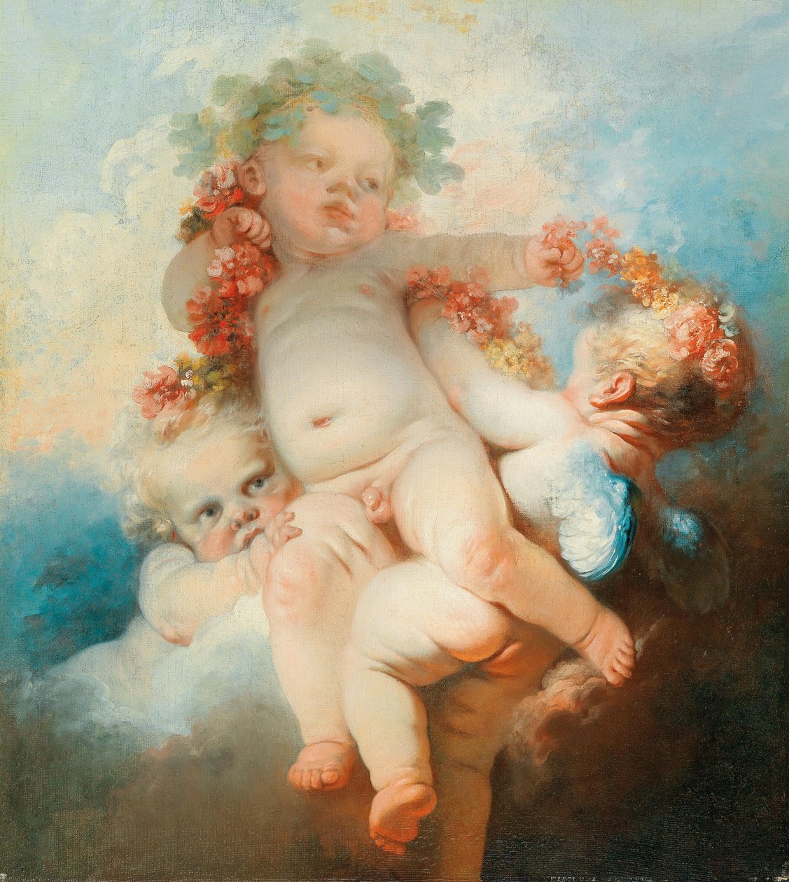 Tři putti ověnčené květinami. od Jean Honore Fragonard