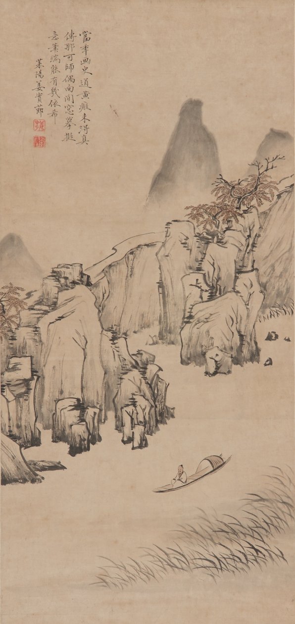 Říční krajina s mužem ve člunu, dynastie Qing, konec 17.-začátek 18. století (inkoust a barva na papíře) od Jiang Shijie