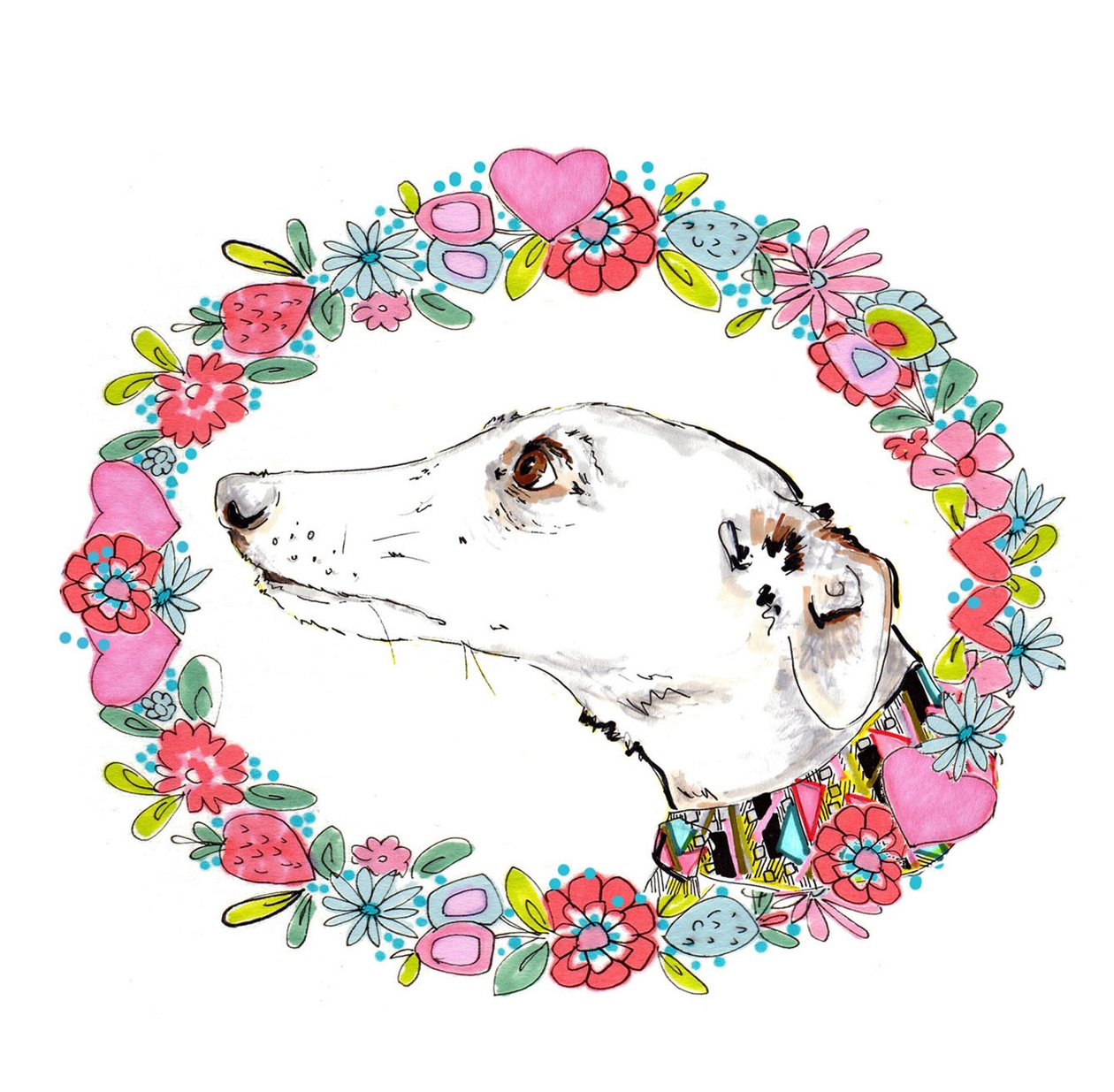 Silvertips Greyhound With Floral Border, 2012 (pero a tuš, digitálně) od Jo Chambers