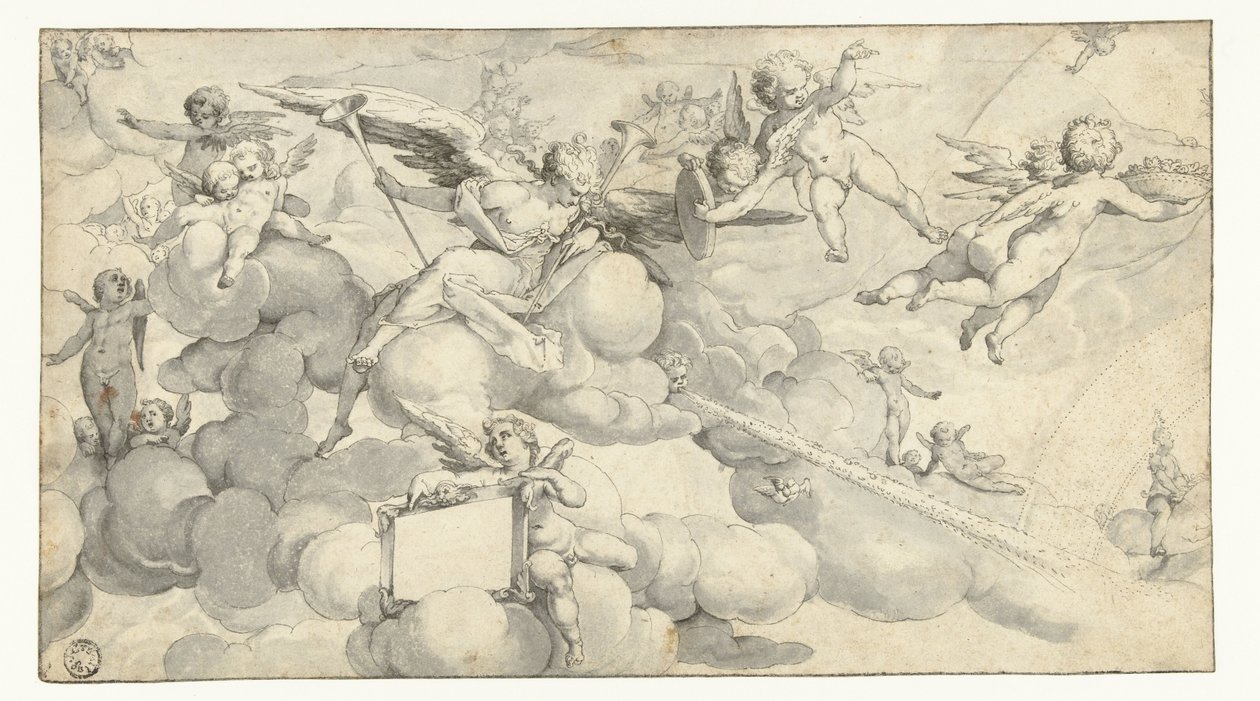 Putti a anděl s kartuší od Joachim Wtewael (circle of)