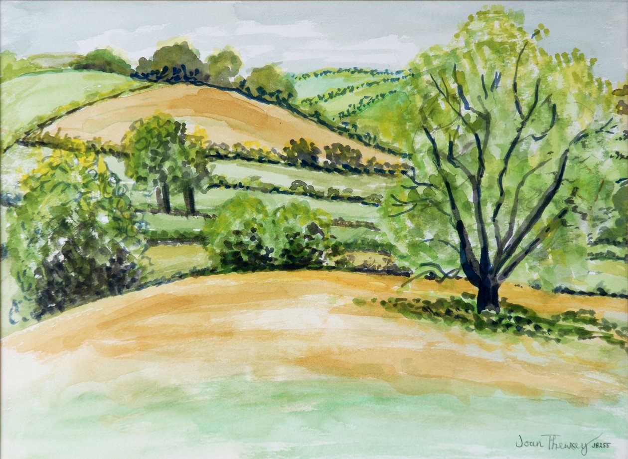 Suffolk Landscape, pohled z Dalham Church, 2011, akvarel od Joan Thewsey