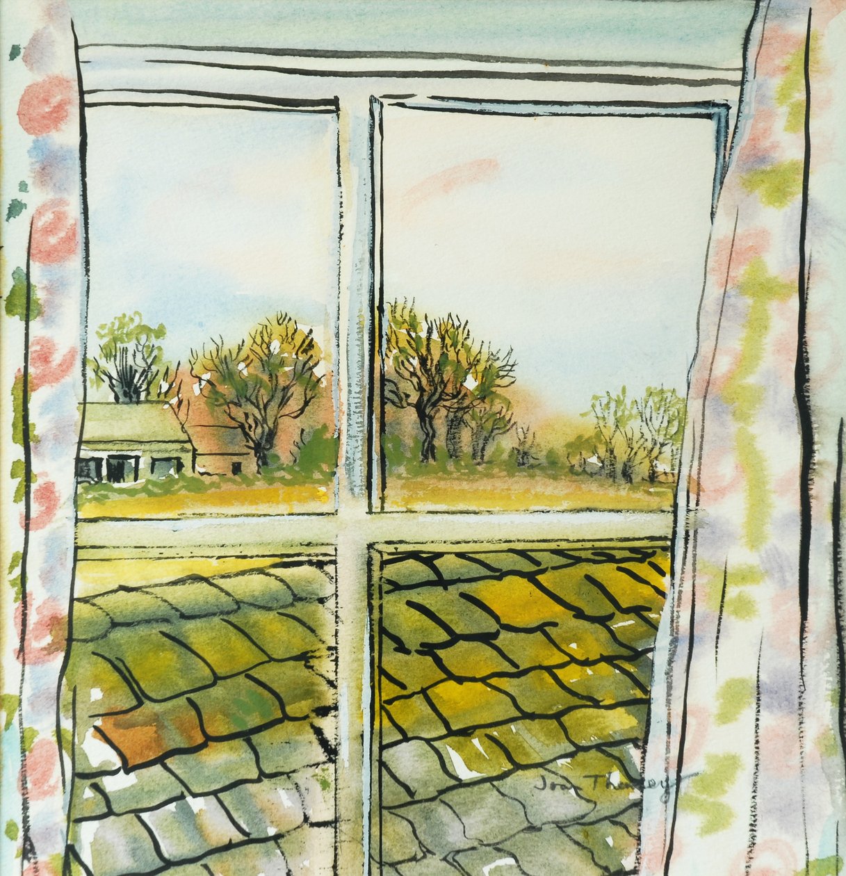 Skrz okno chaty Suffolk, 2010, (akvarel) od Joan Thewsey