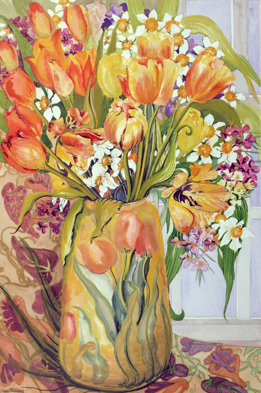Tulipány a narcisy v secesní váze od Joan Thewsey