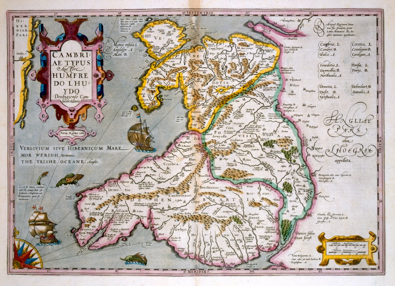 Mapa Walesu, vydaná kolem roku 1630 (ručně kolorovaná rytina) od Jodocus Hondius