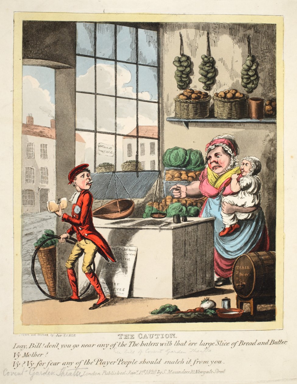 The Caution, divadlo Covent Garden, hospoda. 1828 (ručně kolorovaná rytina) od Joe Lisle