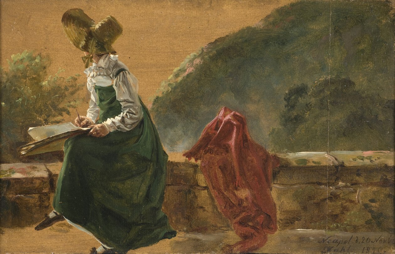 Princezna Caroline Amalie skicuje v Neapoli. Studie, 1820 (olej na papíře na lepence) od Johan Christian Dahl