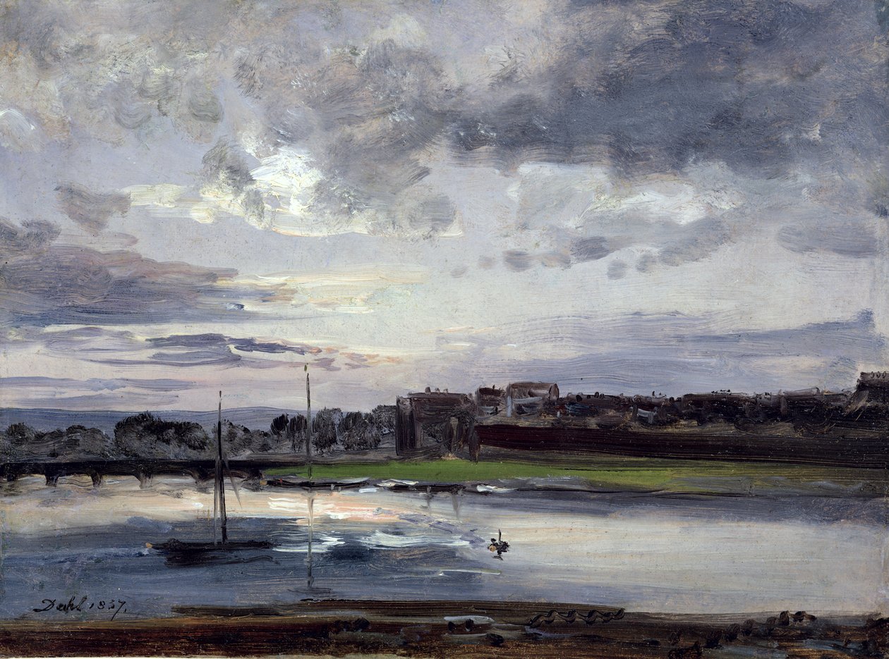 Labe a Nové město, Drážďany, ve večerním světle, 1837 (olej na papíře) od Johan Christian Dahl
