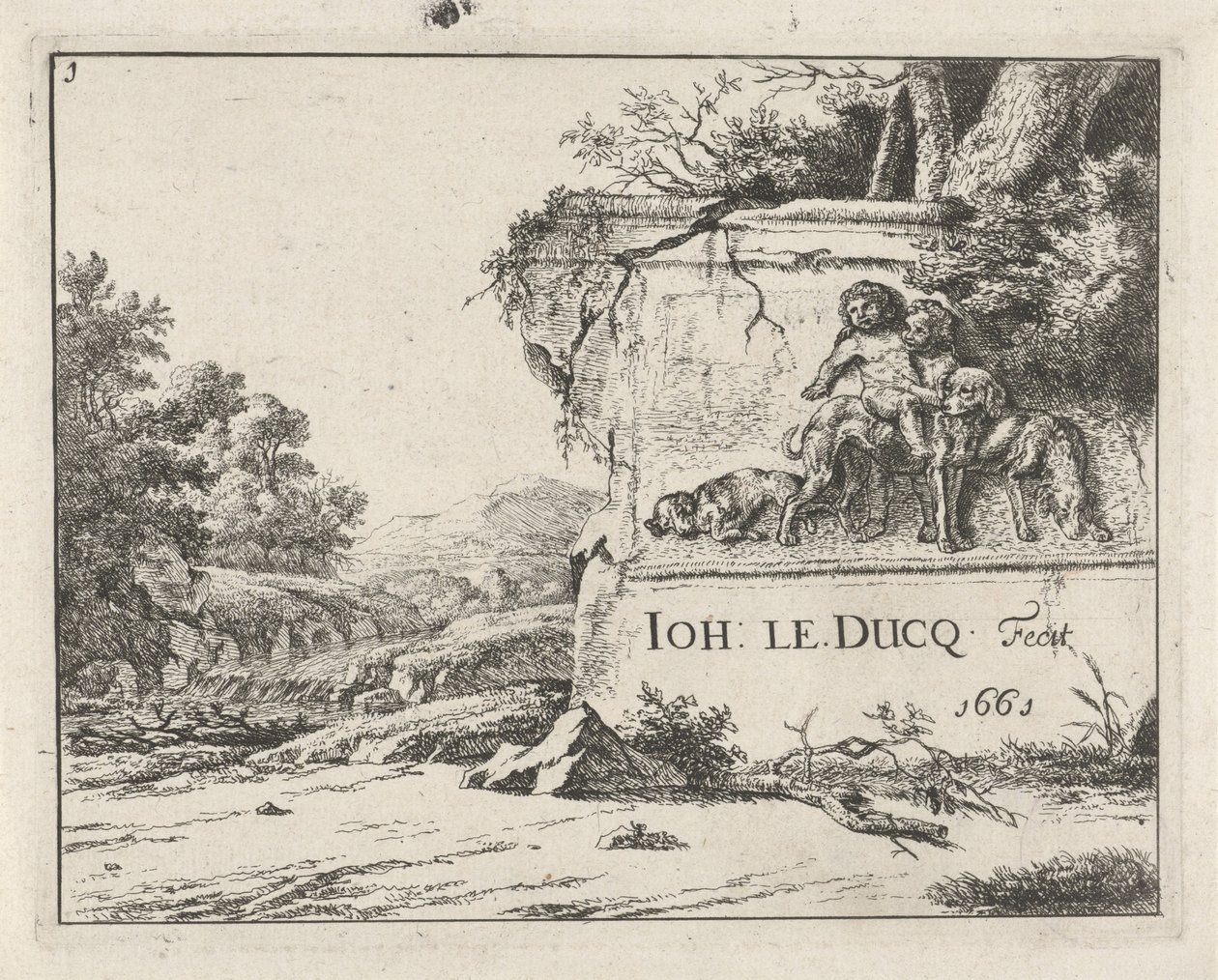 Pohled na zříceninu, v krajině s řekou od Johan le Ducq