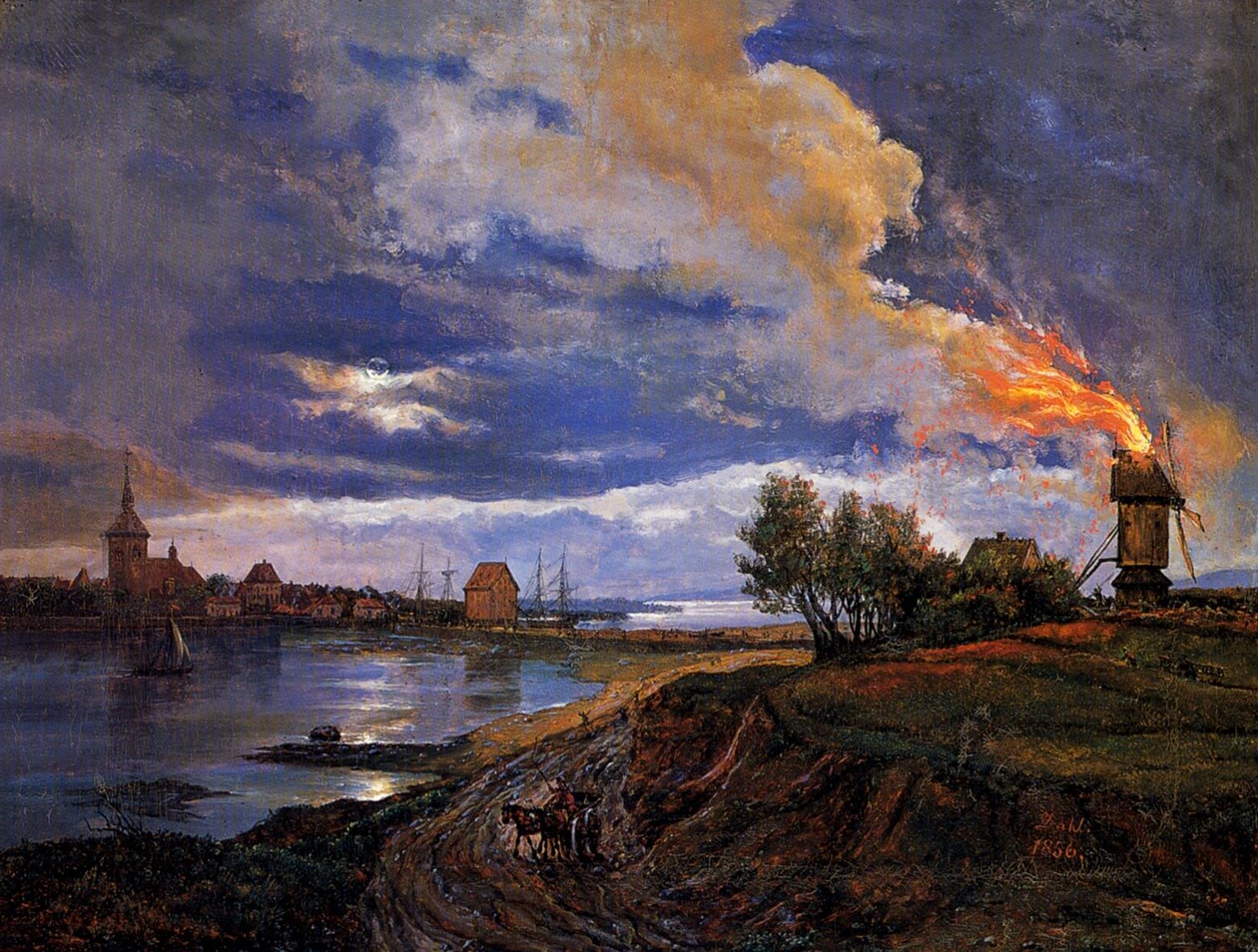 Hořící větrný mlýn ve Stege od Johan Christian Dahl