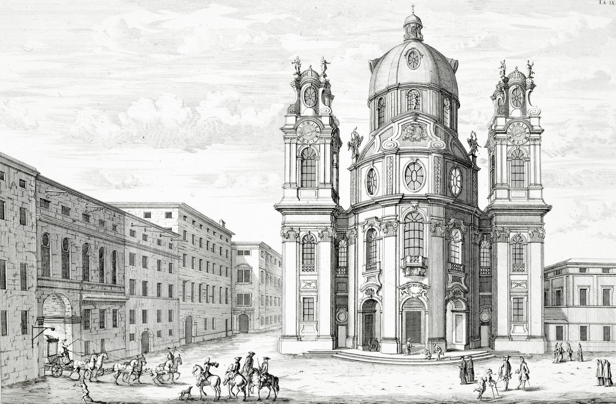 Kostel Notre Dame, Salzburg, Rakousko, z „Plánu historické architektury“, vyryl Johann Adam Delsenbach (1687-1765) 1721 od Johann Bernhard Fischer von Erlach