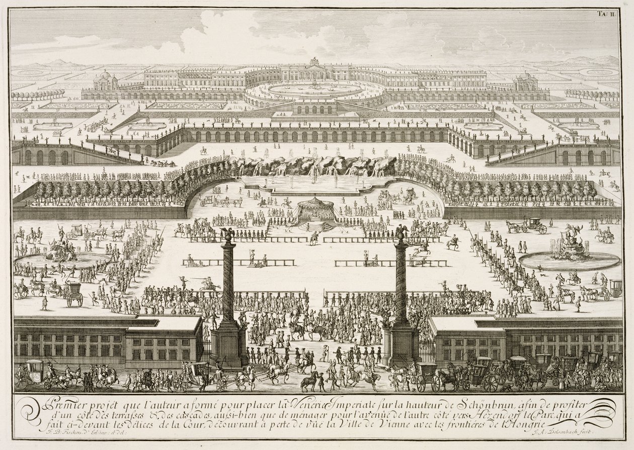 První návrh zámku Schonbrunn, Vídeň, z „Návrh historické architektury“, vyryl Johann Adam Delsenbach (1687-1765) 1721 od Johann Bernhard Fischer von Erlach