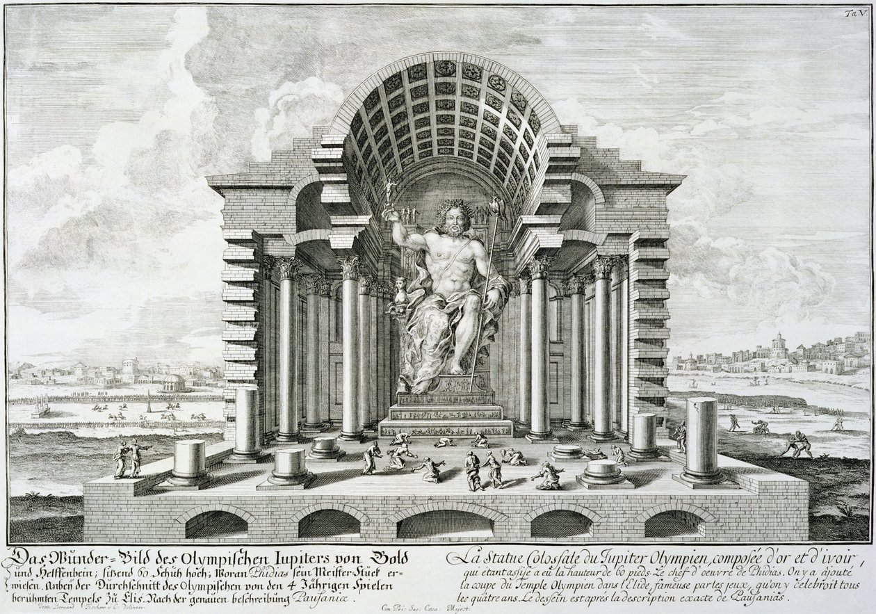 Socha Dia Olympského, vyrobená Phidiasem ve zlatě a slonovině, nakreslená podle přesného popisu Pausanias (143-176 n. l.) z „Plánu historické architektury“, 1721 od Johann Bernhard Fischer von Erlach