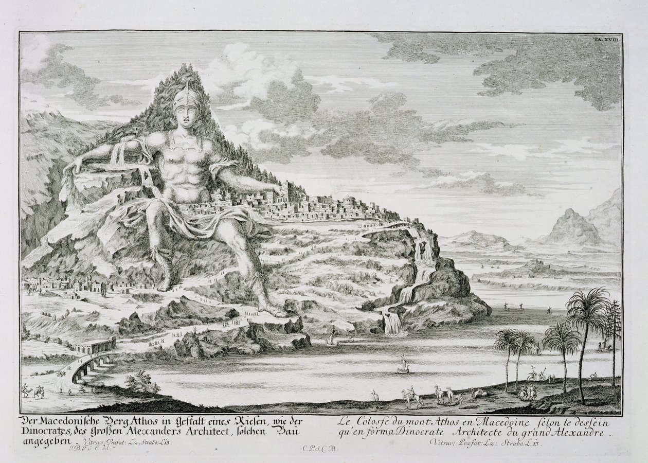 Kolos na hoře Athos, Makedonie, návrh Dinokrata, architekta Alexandra Velikého, deska 18 z „Entwurf einer historischen Architektur“, vyryl Johann Adam Delsenbach (1687-1 od Johann Bernhard Fischer von Erlach