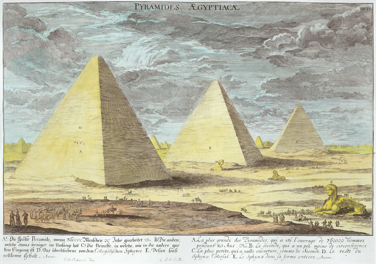 Egyptské pyramidy, deska 4 z knihy "Entwurf einer historischen Architektur", vyryl Johann Adam Delsenbach (1687-1765) 1721 (pozdější kolorování) od Johann Bernhard Fischer von Erlach