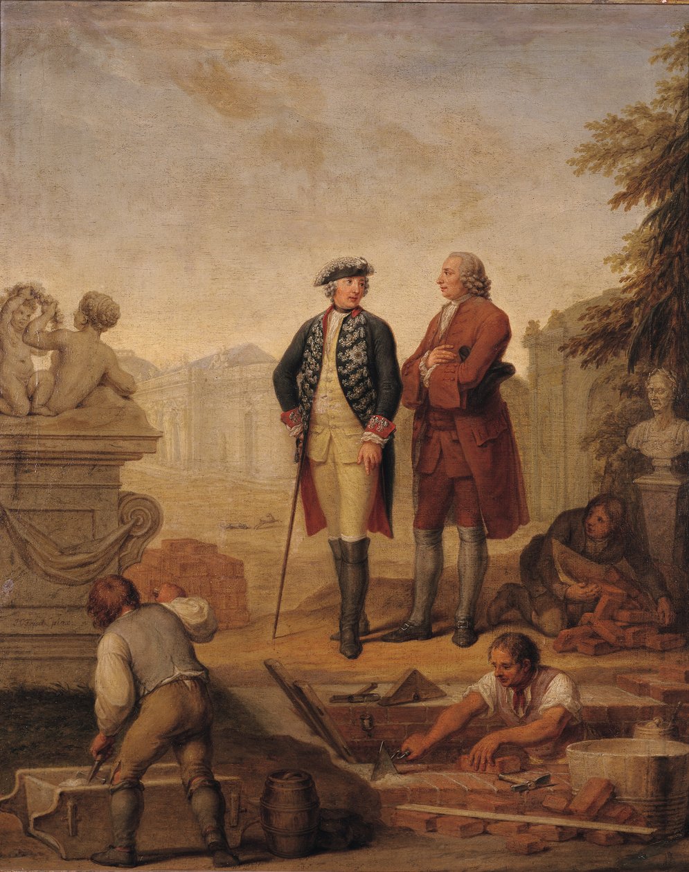 Pruský král Fridrich II. (1712-86) a markýz z Argensu (1704-1771) kontrolují stavbu Sanssouci v Postupimi od Johann Christoph Frisch