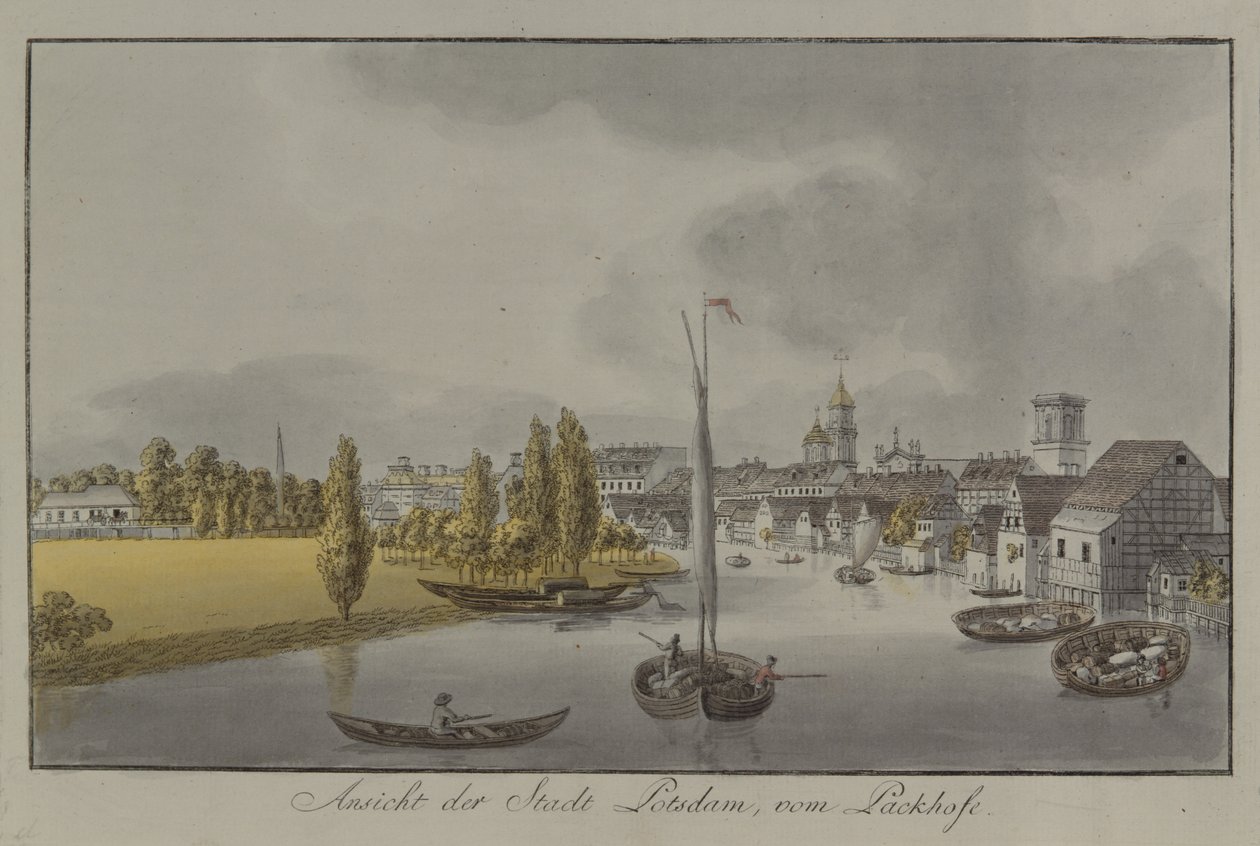 Pohled na Postupim, c. 1796 (ručně kolorovaná rytina) od Johann Friedrich Nagel