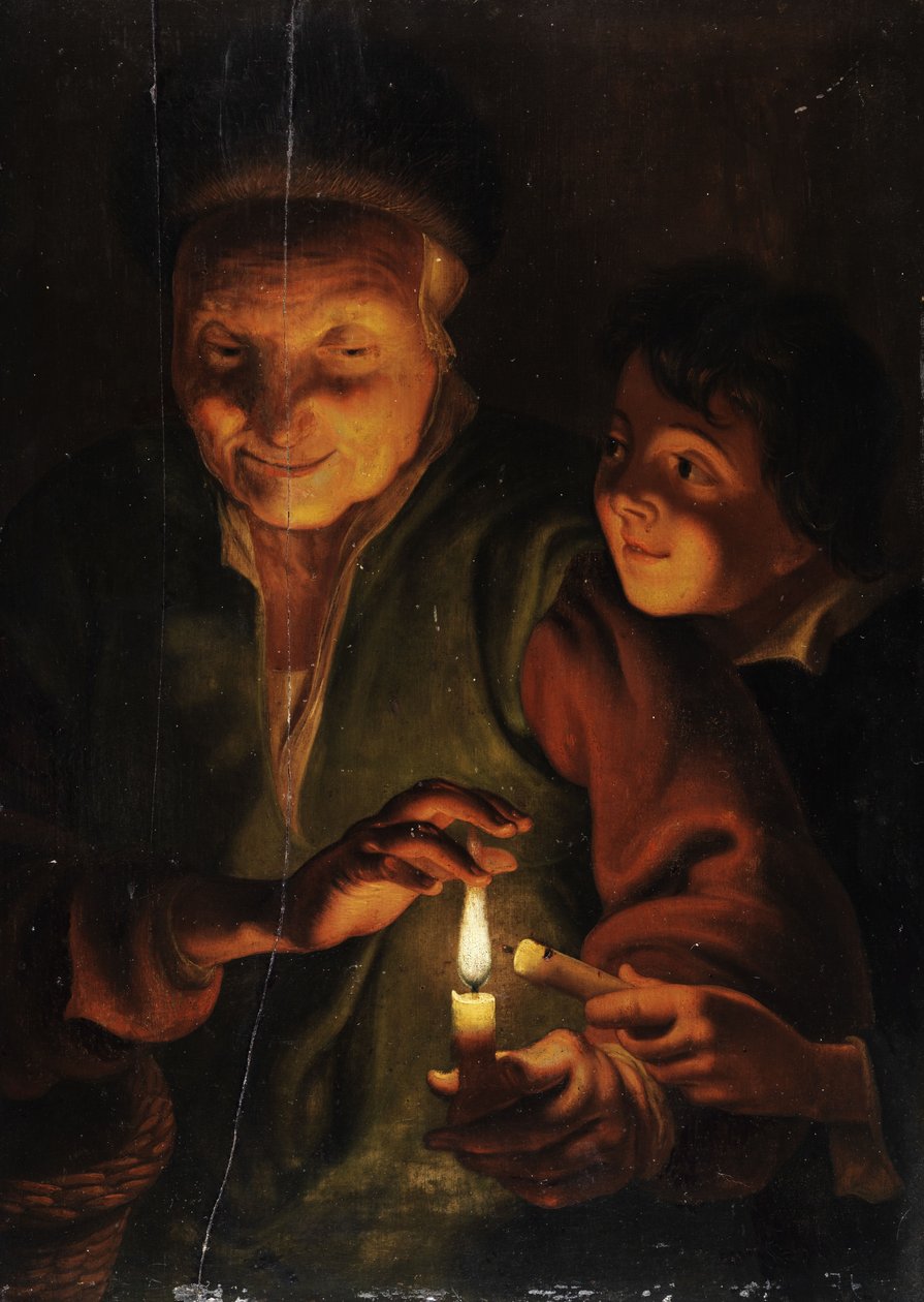 Stará žena s chlapcem při svíčkách od Johann Georg Trautmann