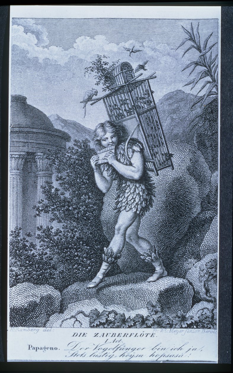 Papageno: Já jsem lapač ptáků, ano! Vždy veselý, housle-di-i, housle-di-da!, I. dějství „Kouzelné flétny“ od Wolfganga Amadea Mozarta (1756–91), vyryto Friedrichem Wilhelmem Meyerem starším (b.c.177 od Johann Heinrich Ramberg