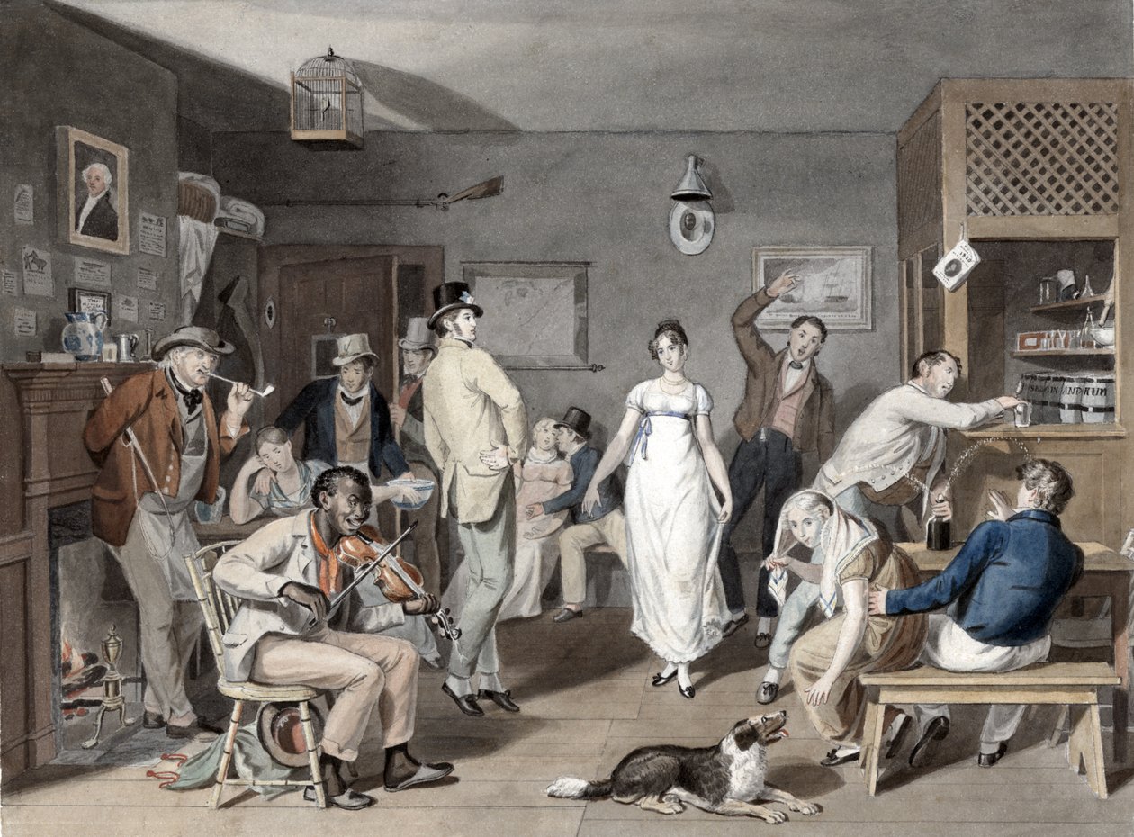 Country tanec, kolem roku 1820 (ručně kolorovaná rytina) od Johann Ludwig Krimmel