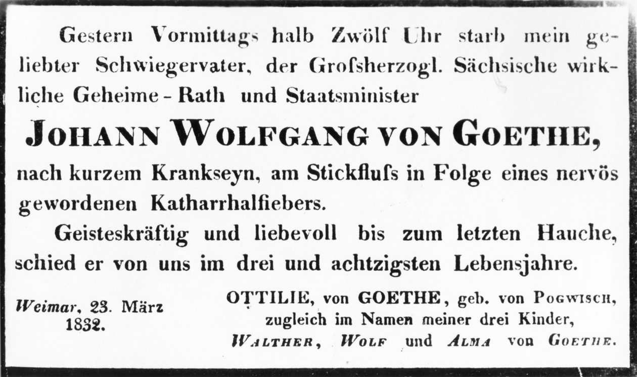 Oznámení o úmrtí Johanna Wolfganga von Goetha, 1832 (tisk) od Johann Wolfgang von Goethe