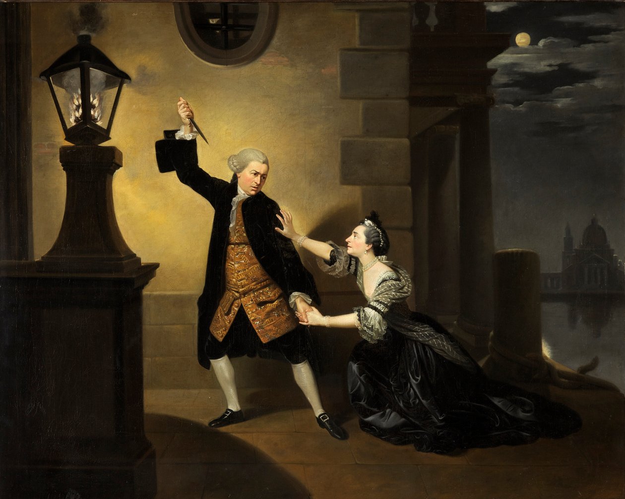 David Garrick jako Jaffier a Susannah Cibber jako Belvidera ve filmu „Venice Preserv’d“ od Thomase Otwaye, olej na plátně kolem roku 1763 od Johan Joseph Zoffany
