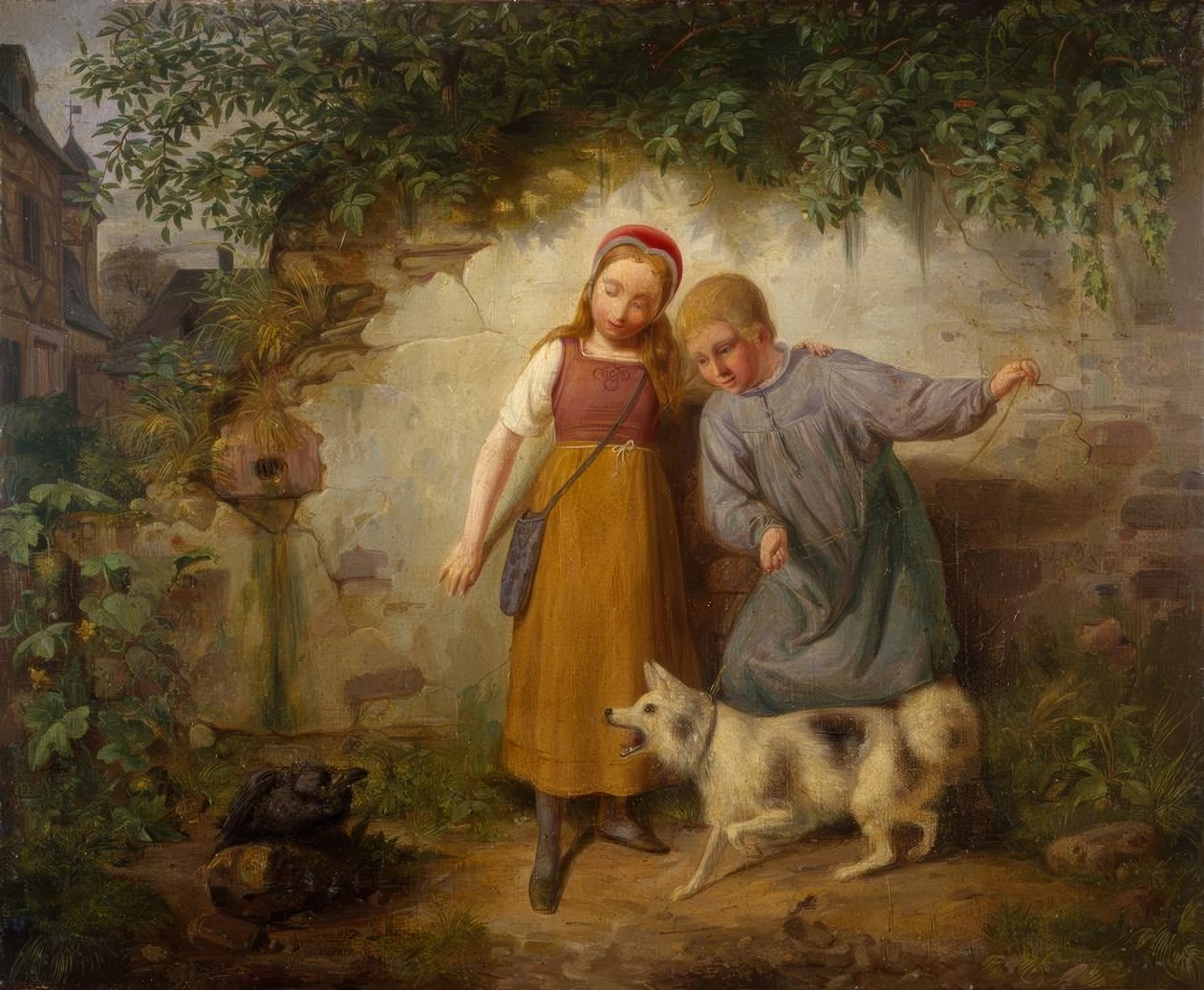 Dvě děti se špicem od Johann Baptist Zwecker