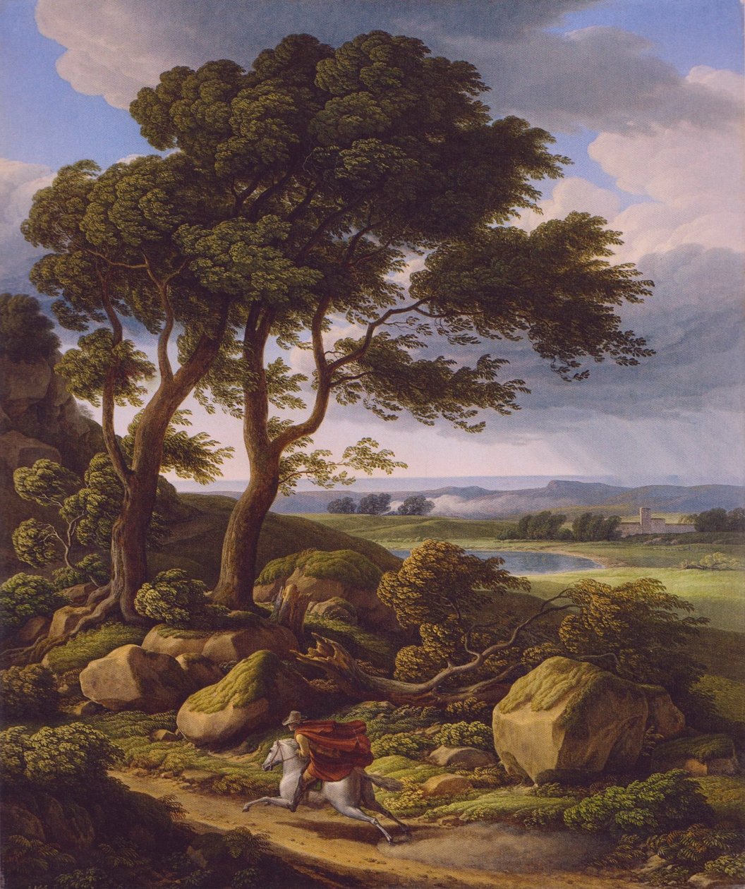 Německy: Bouřlivá krajina s jezdcem. od Johann Christian Reinhart