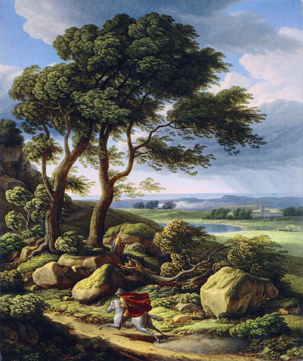 Německy: Bouřlivá krajina s jezdcem. od Johann Christian Reinhart