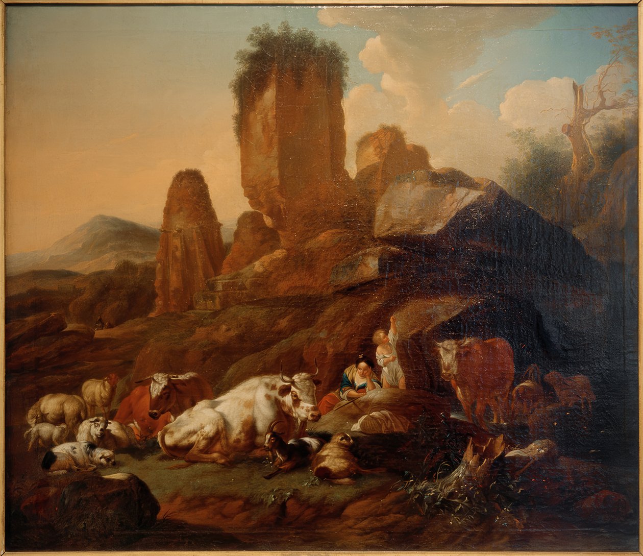 Odpočívající pastýřka a dobytek od Johann Heinrich Roos
