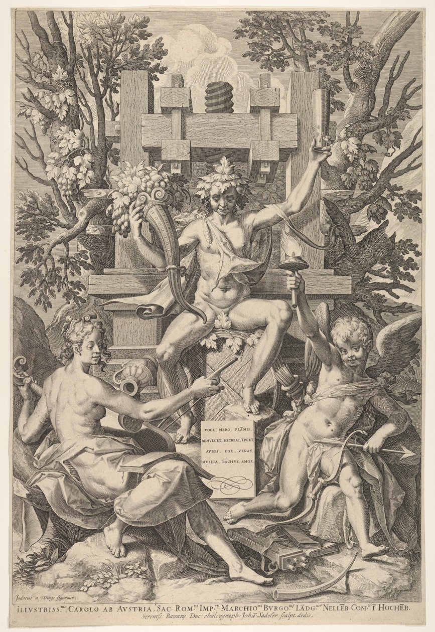 Bakchus, Hudba, Amor, 1575-1600. od Johann Sadeler I
